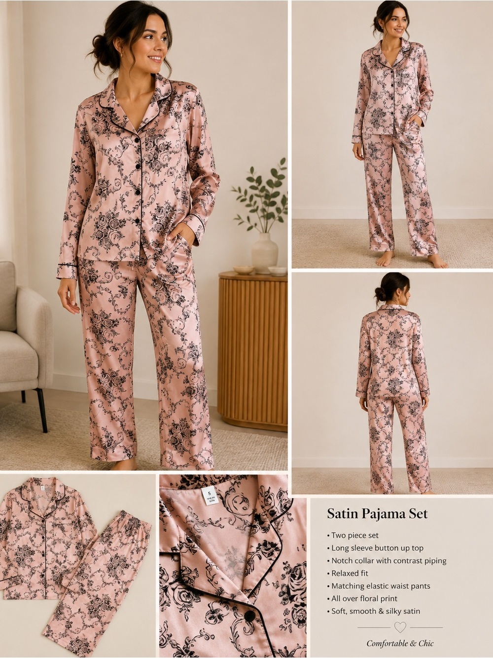 Gilligan & O'Malley Pink Floral Satin Pajama Set